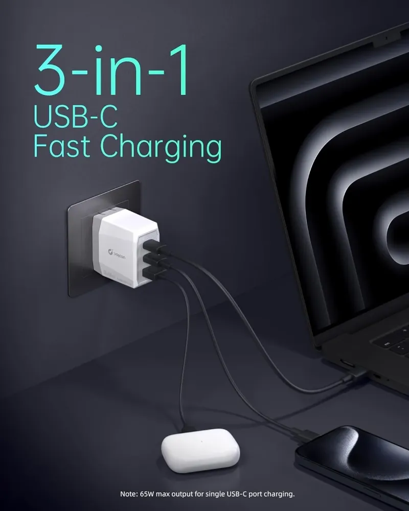 Vægoplader 2xUSB-C 1xUSB- 65W PD PPS