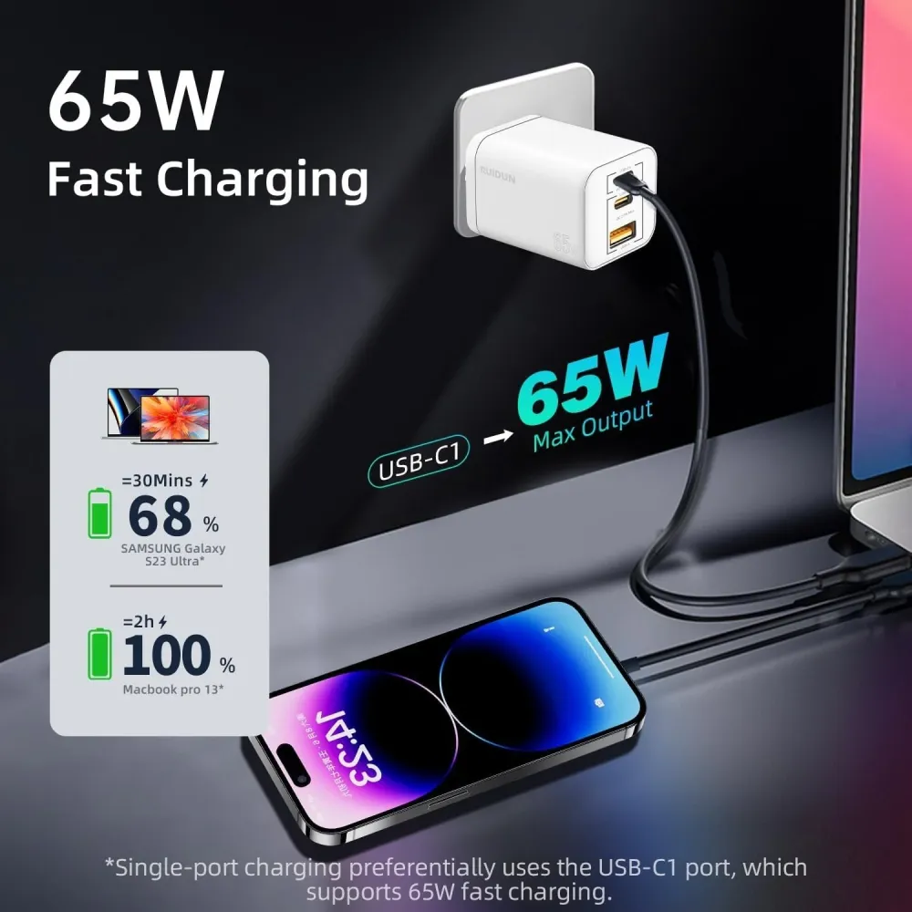 Vægoplader 2xUSB-C 1xUSB- 65W PD PPS