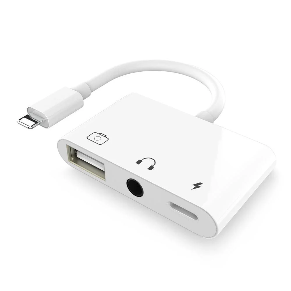 NÖRDIC Ios charging adapter til 1xUSB En 1x3,5mm lyd og 1x Lightning White 10cm kabel
