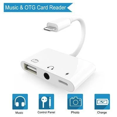 NÖRDIC Ios charging adapter til 1xUSB En 1x3,5mm lyd og 1x Lightning White 10cm kabel