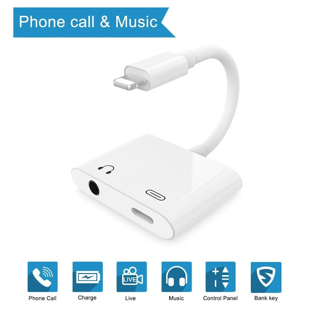 NÖRDIC Lightning adapter til 1x Apple charging og 1xljud 3,5 mm hvid 10cm kabel