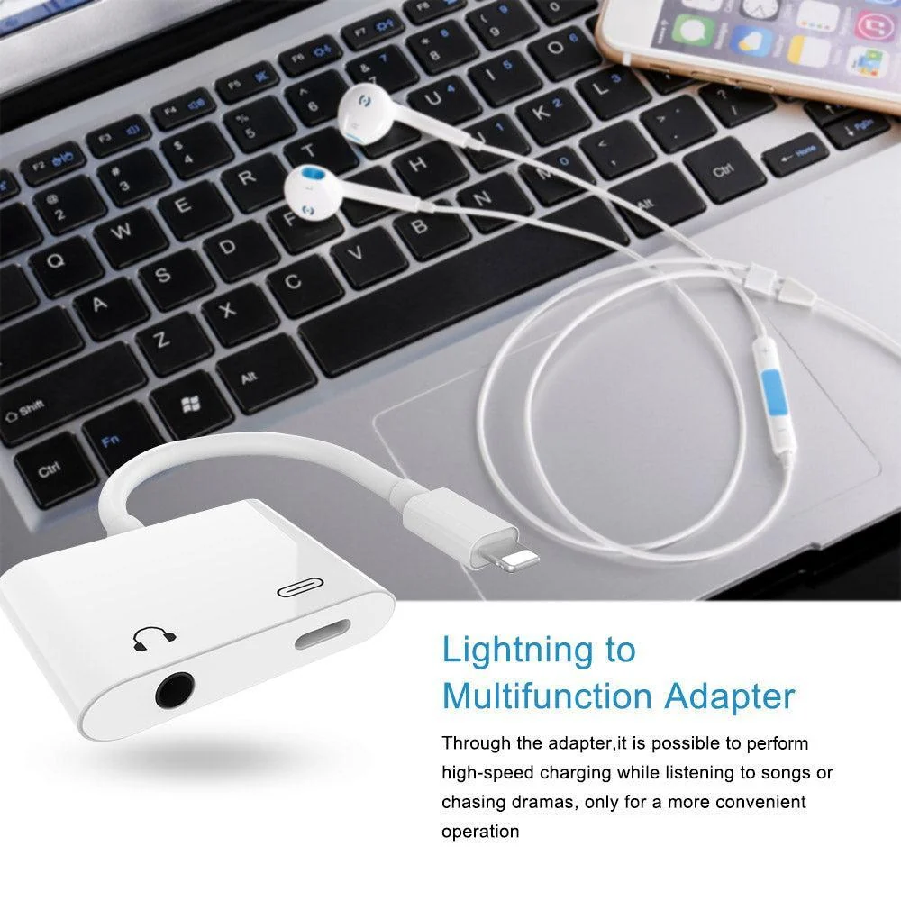 NÖRDIC Lightning adapter til 1x Apple charging og 1xljud 3,5 mm hvid 10cm kabel
