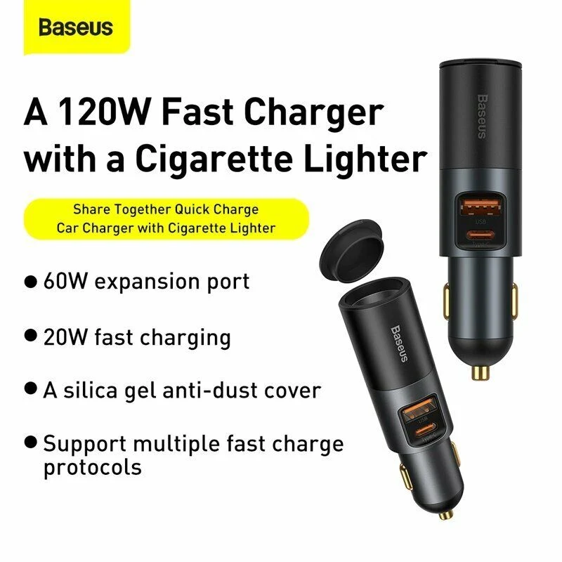 Baseus 120W bil mobiloplader Type C USB PD3.0 Time-saving opladning cigaret tænder adapter