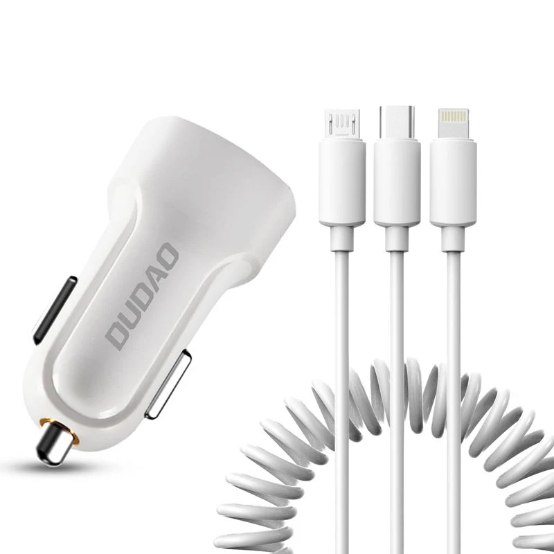 Dudao car kit charger 2x USB 2.4A + cable USB 3in1 Lightning / Type C / nano USB cable white (R7 white)
