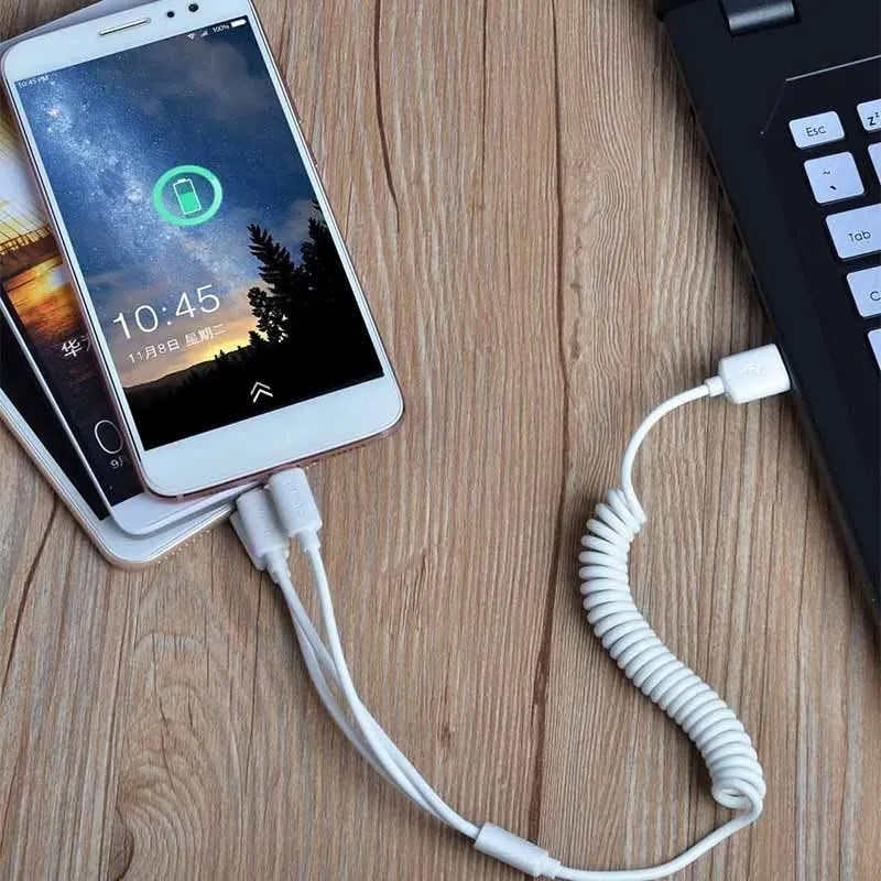 Dudao car kit charger 2x USB 2.4A + cable USB 3in1 Lightning / Type C / nano USB cable white (R7 white)