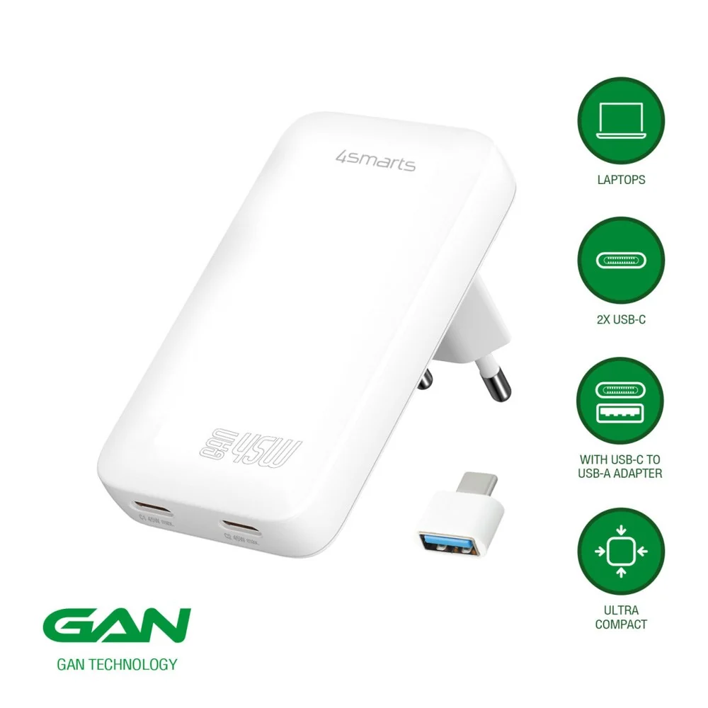 4smarts FlatPlug Slim Dual Vægoplader - 45W / 2x USB TYPE-C - Hvid
