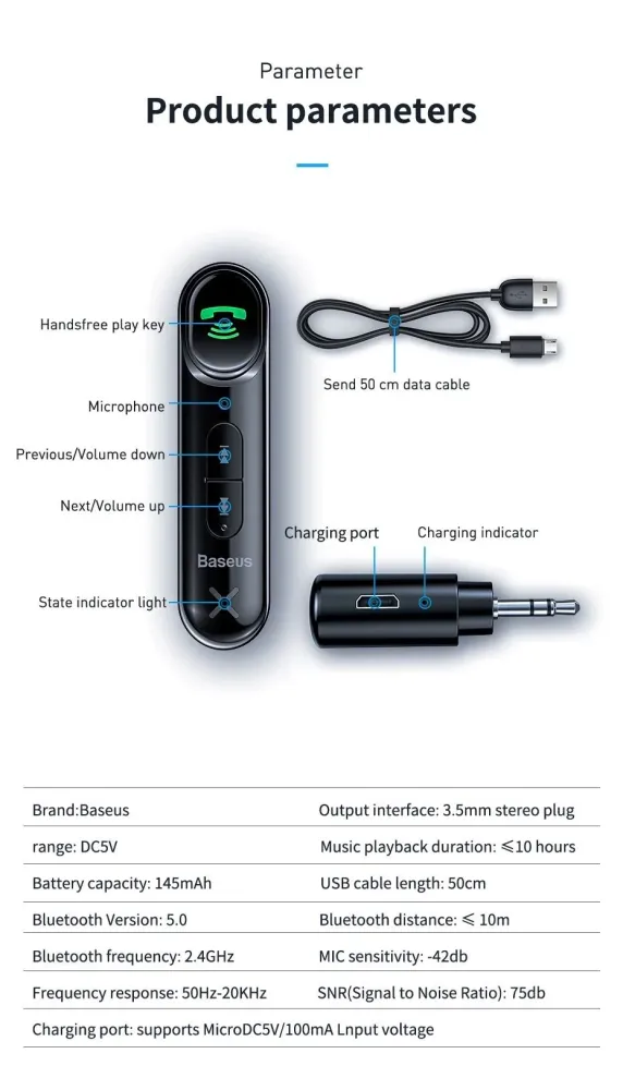 Baseus Bilmodtager Bluetooth5.0 Trådløs lyd Stereo Music AUX Adapter Mic