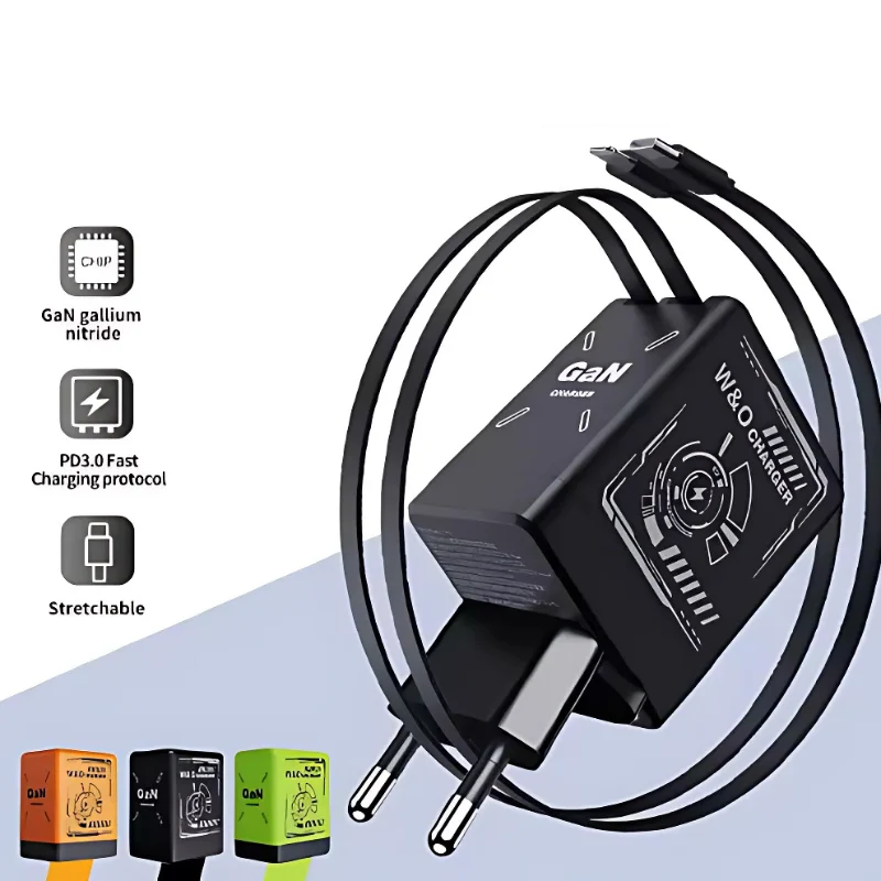 DualCharger: Hurtig Opladning Twin Indtrækkeligt Kabel Rejseoplader Sort