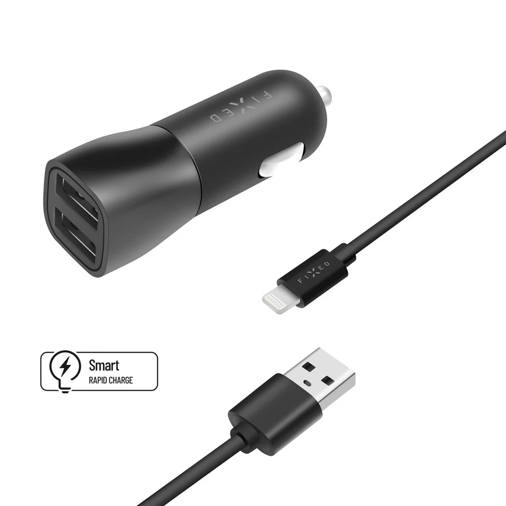 Fixed Dual 15W Biloplader m. 2 x USB- & 1 x Apple charging Kabel - Sort