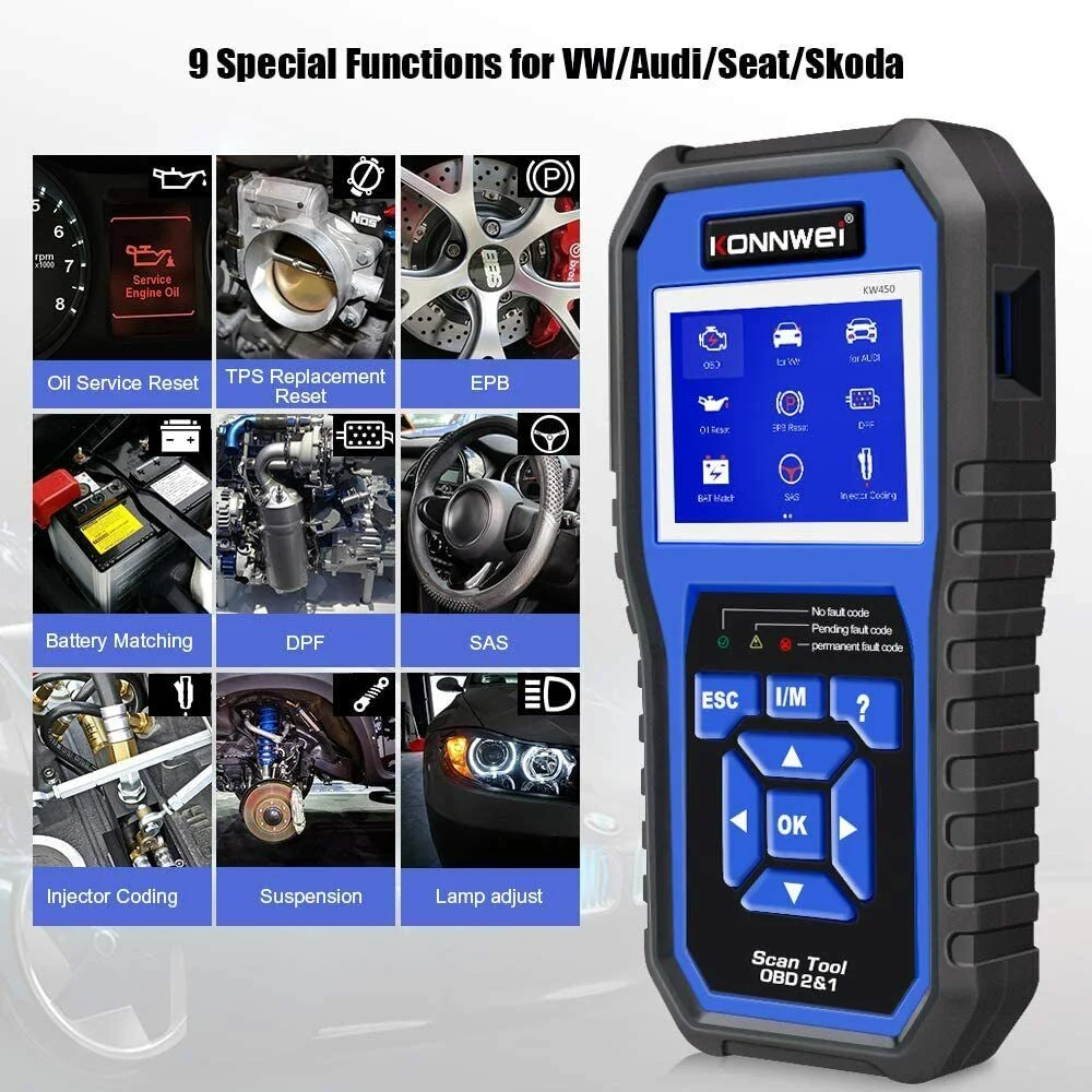 KONNWEI KW450 OBDII+EOBD Bil fejldetektor Til VW, Audi, Seat, Skoda Fuld System Diagnostic Scanner Diagnostic Tool