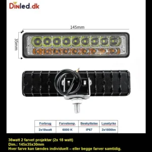 LED køretøjs projektør 36 watt (2x18 watt) 12/24/48 volt - 2 farvet