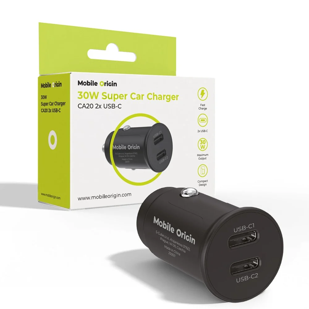 Mobile Origin 30W Biloplader m. 2 x USB TYPE-C - Sort
