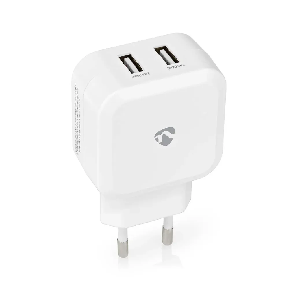 Nedis - Vægoplader | 24 W | Hurtigopladningsfunktion | 2x 2.4 | Antal output: 2 | 2x USB- | Uden Kabel | Single Voltage Ou...
