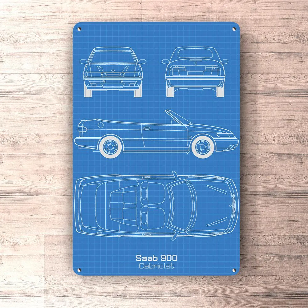 Saab 900 Cabriolet Blueprint Skilte, Musemåtte, Dørmåtte Blaa