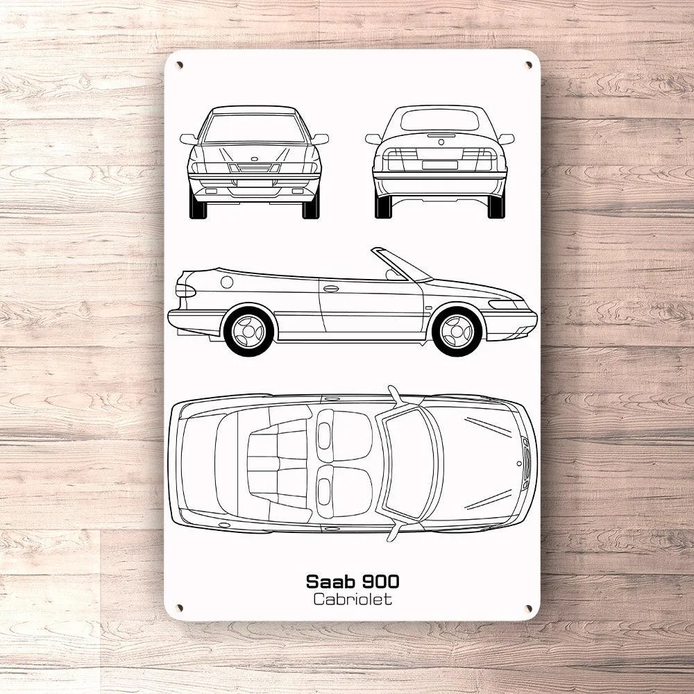 Saab 900 Cabriolet Blueprint Skilte, Musemåtte, Dørmåtte Blaa