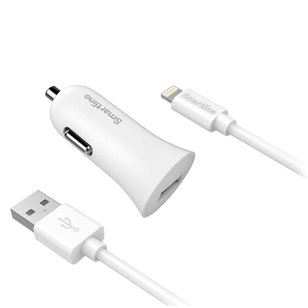 Smartline 12W Biloplader m. Lightning Kabel 1m - Alabast