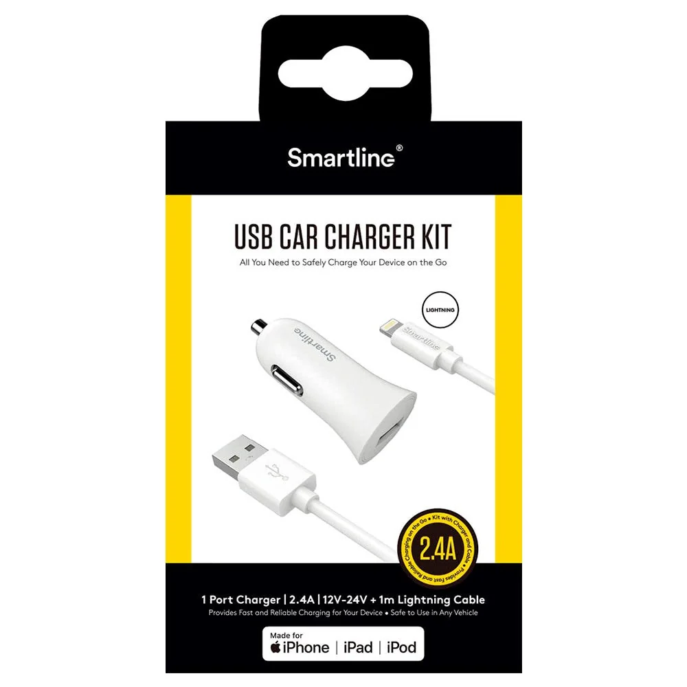 Smartline 12W Biloplader m. Lightning Kabel 1m - Alabast