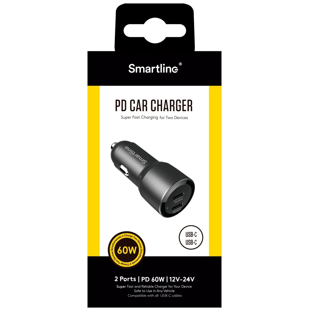 Smartline 60W PD (Power Delivery) Biloplader 2 x USB-C - Midnight