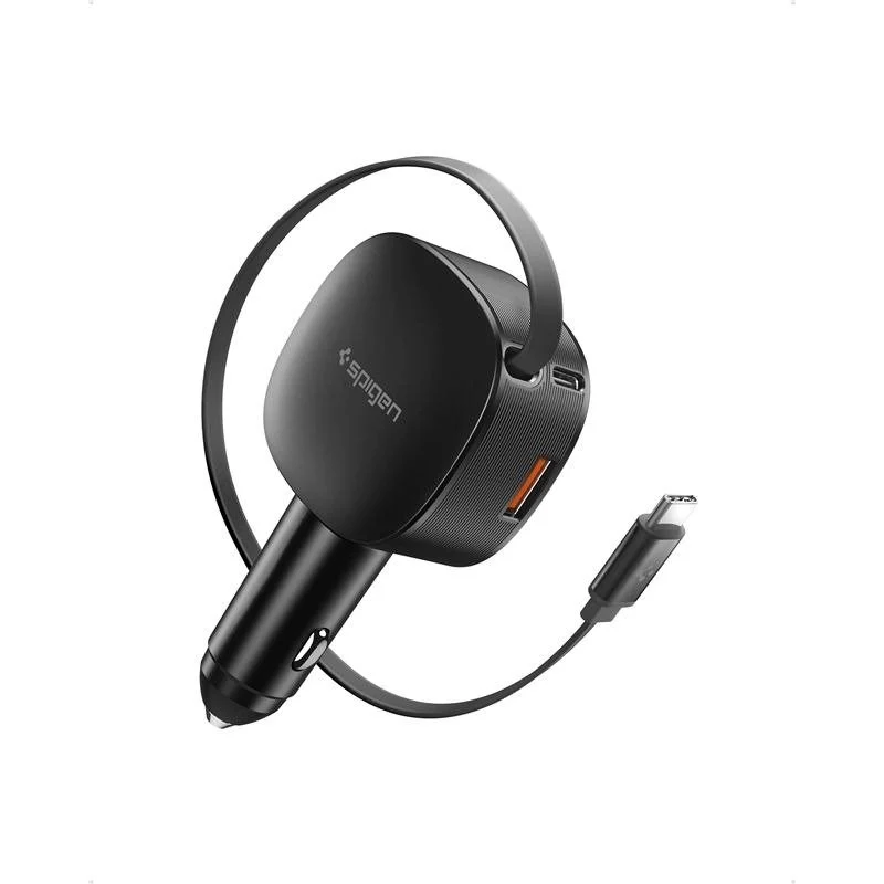 Spigen Biloplader 60W m. Indbygget USB-C Kabel & 1 x USB-C 1 x USB- - Onyx
