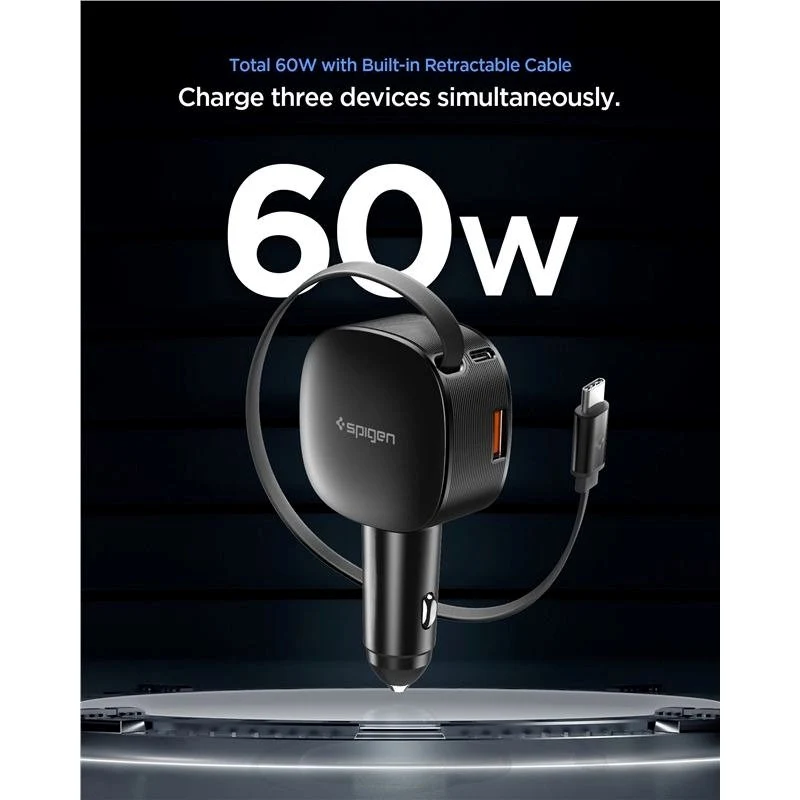 Spigen Biloplader 60W m. Indbygget USB-C Kabel & 1 x USB-C 1 x USB- - Onyx