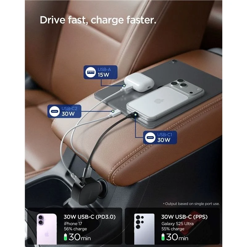 Spigen Biloplader 60W m. Indbygget USB-C Kabel & 1 x USB-C 1 x USB- - Onyx