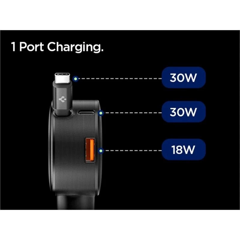 Spigen Biloplader 60W m. Indbygget USB-C Kabel & 1 x USB-C 1 x USB- - Onyx