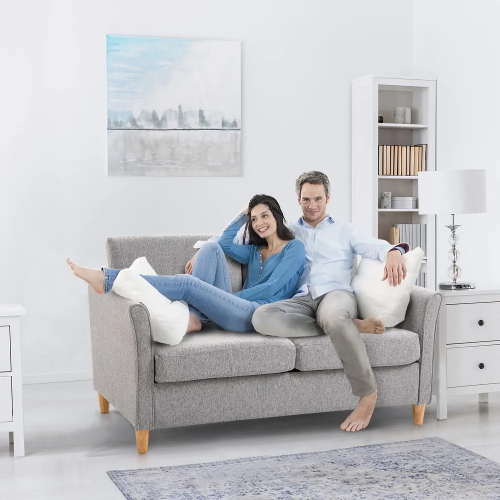 ® To-personers sofa | aftagelige hynder | hør, skum, gummitræ | lysegrå | 141 x 70 x 78 cm