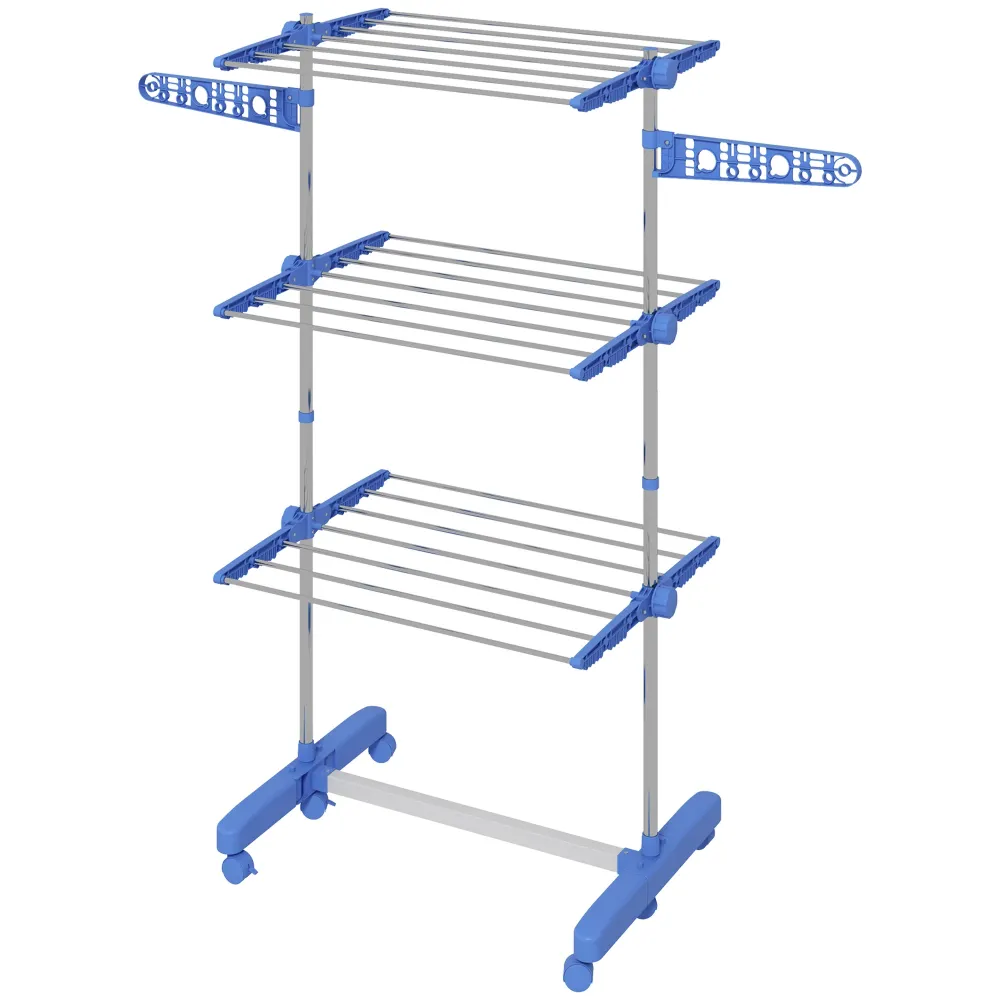 Tørrestativ. 4 niveauer, foldbar, et-klik-system, 142 cm x 55 cm x 152 cm, blå + sølv