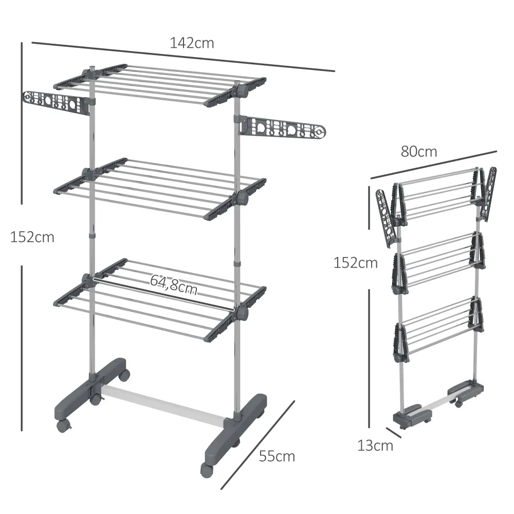 Tørrestativ. 4 niveauer, foldbar, et-klik-system, 142 cm x 55 cm x 152 cm, blå + sølv