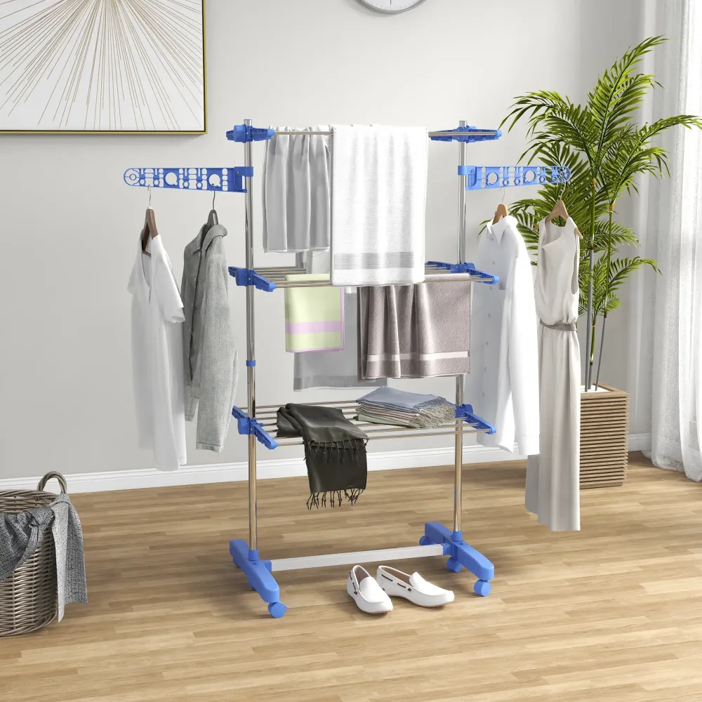 Tørrestativ. 4 niveauer, foldbar, et-klik-system, 142 cm x 55 cm x 152 cm, blå + sølv