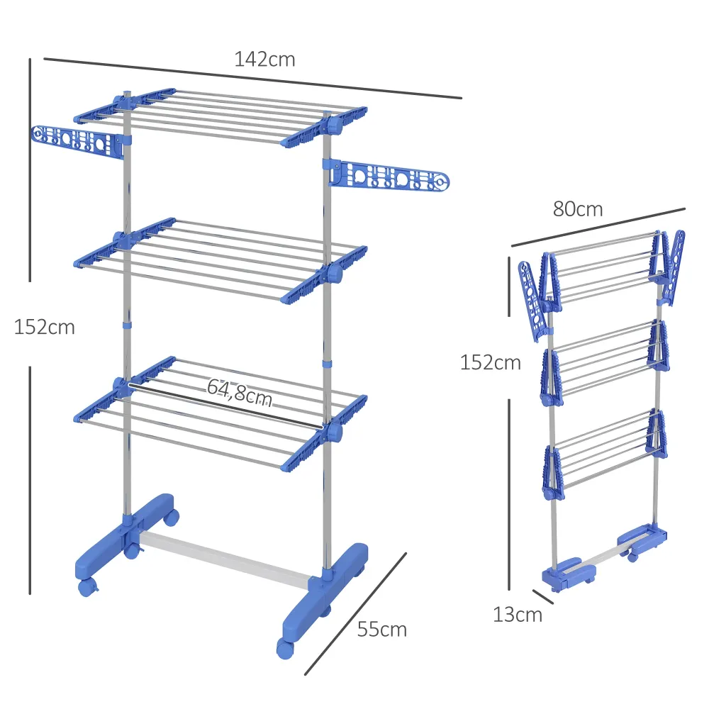 Tørrestativ. 4 niveauer, foldbar, et-klik-system, 142 cm x 55 cm x 152 cm, blå + sølv