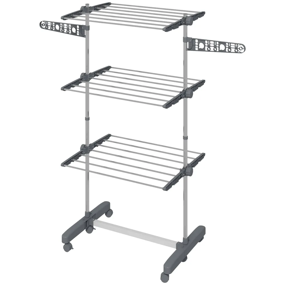 Tørrestativ. 4 niveauer, foldbar, et-klik-system, 142 cm x 55 cm x 152 cm, blå + sølv