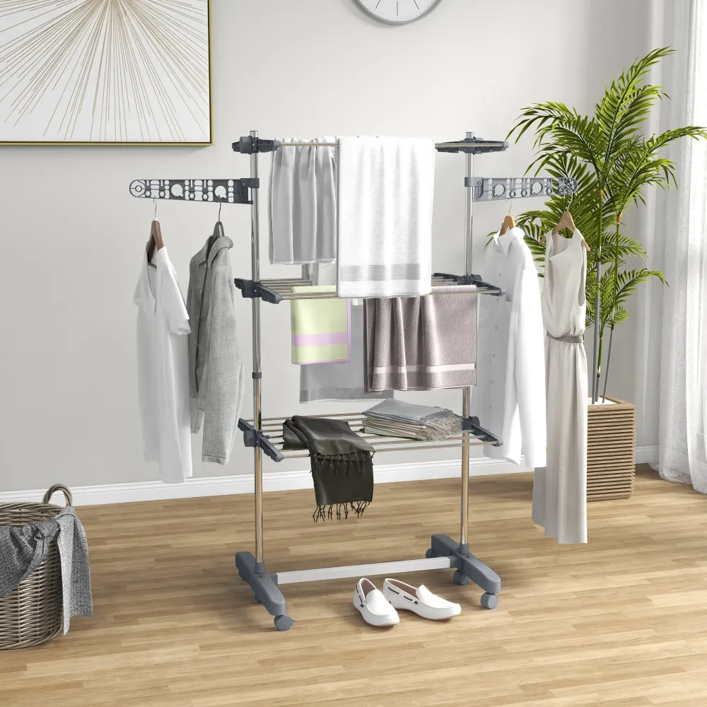 Tørrestativ. 4 niveauer, foldbar, et-klik-system, 142 cm x 55 cm x 152 cm, blå + sølv