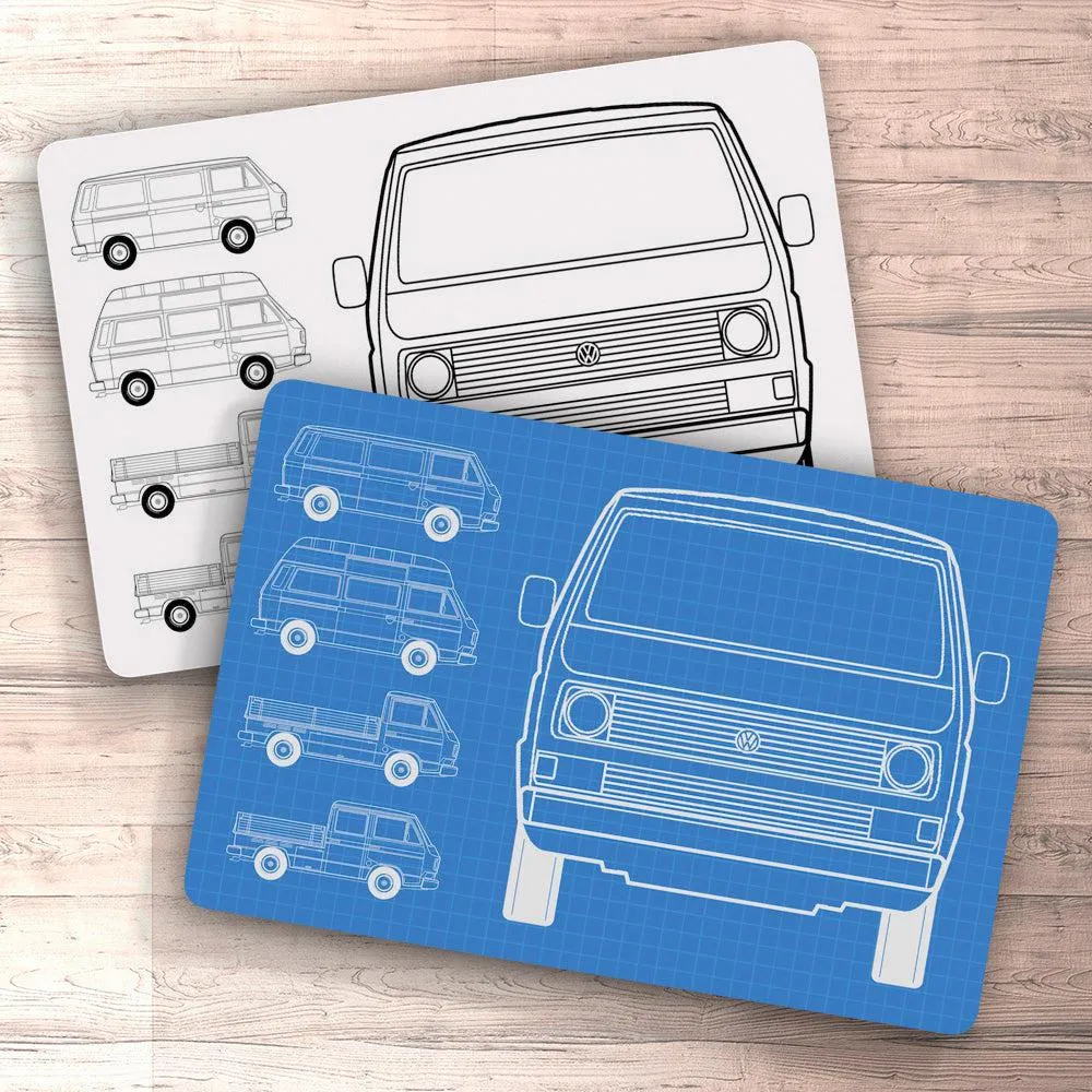 Volkswagen VW Type 2 T3 Blueprint Skilte, Musemåtte, Dørmåtte Hvid