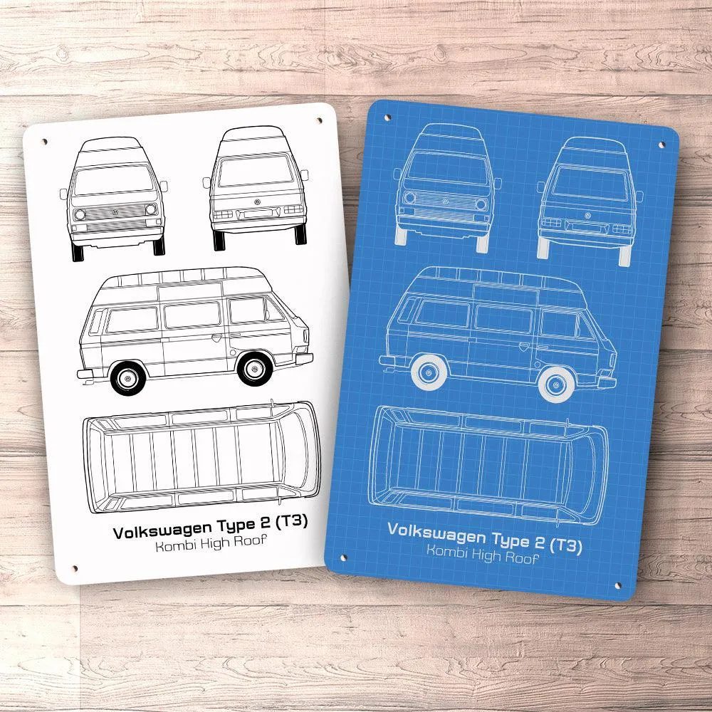 Volkswagen VW Type 2 T3 Kombi High Roof Blueprint Skilte, Musemåtte, Dørmåtte Hvid