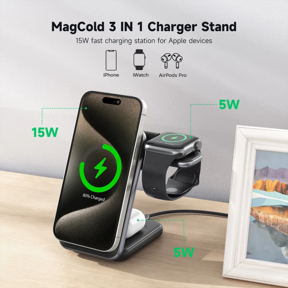 Magcold™ | 3-i-1 Ladestation til Mobil, iWatch, AirPods - 45W! - Onyx
