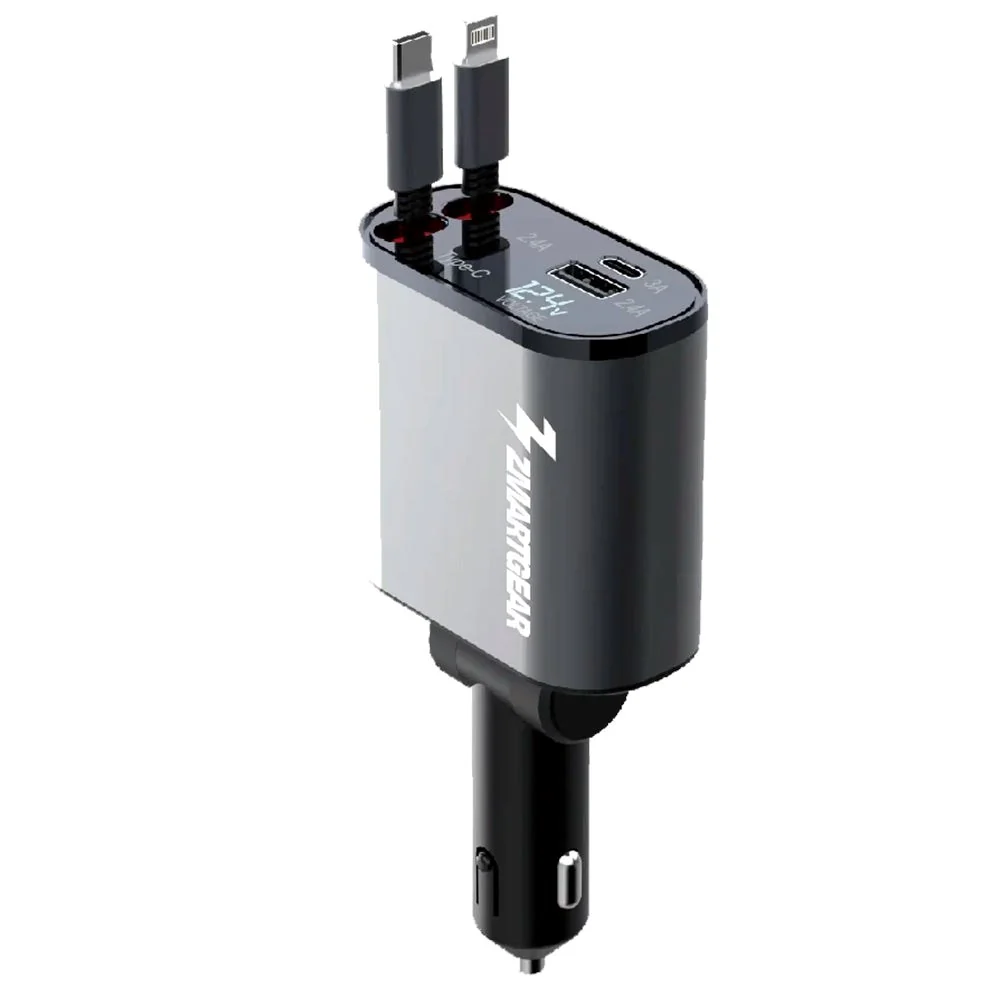Zmartgear 4-i-1 60W Biloplader m. Udtrækkelig USB-C & Lightning Kabel - USB-C & USB- Port - Ebony