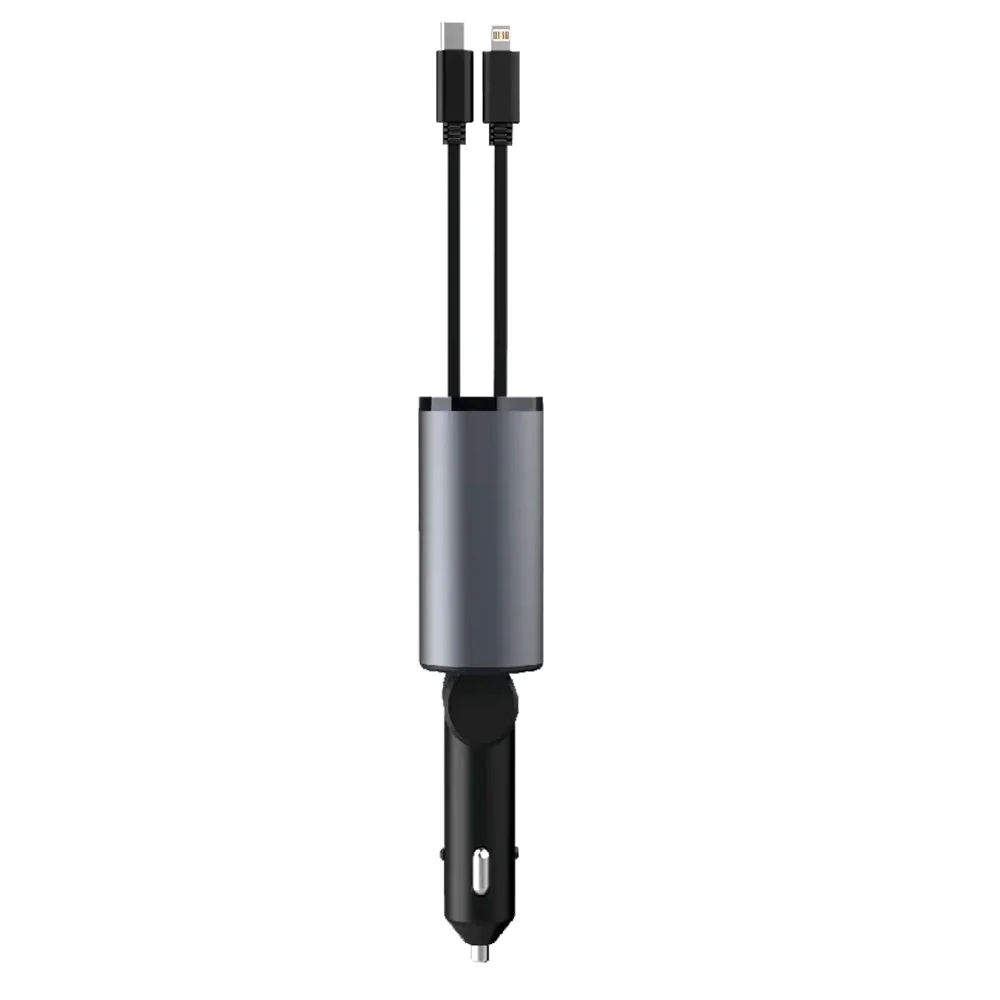 Zmartgear 4-i-1 60W Biloplader m. Udtrækkelig USB-C & Lightning Kabel - USB-C & USB- Port - Ebony