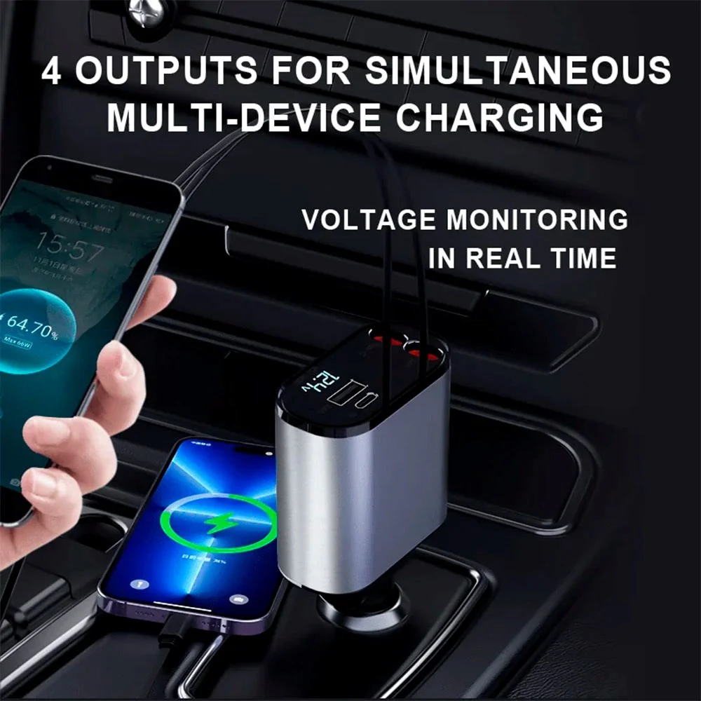 Zmartgear 4-i-1 60W Biloplader m. Udtrækkelig USB-C & Lightning Kabel - USB-C & USB- Port - Ebony