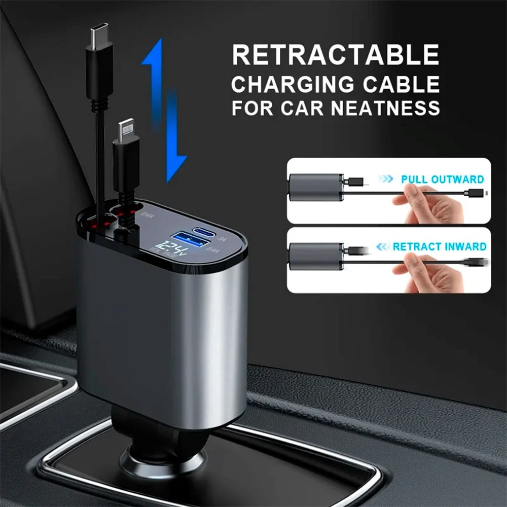 Zmartgear 4-i-1 60W Biloplader m. Udtrækkelig USB-C & Lightning Kabel - USB-C & USB- Port - Ebony