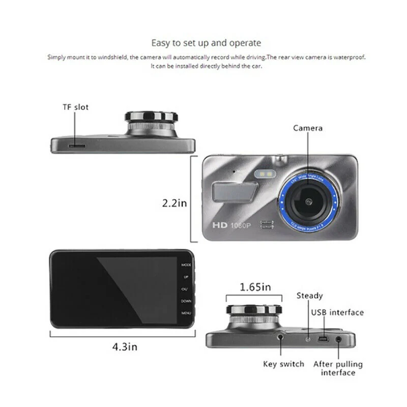HD 1080P 4'' Car DVR Two-part Lens Dash Cam Video Camera Recorder Night Vision