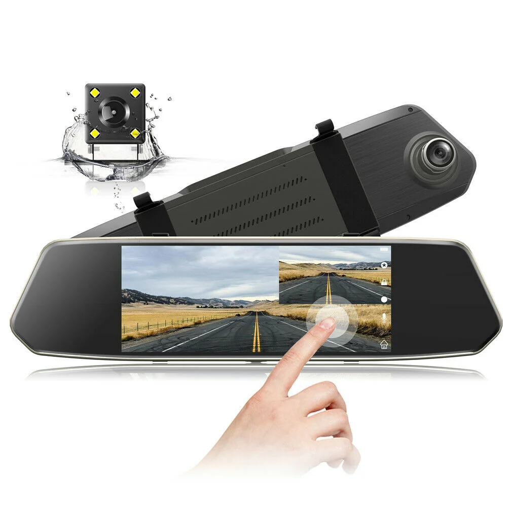 1080P dobbeltobjektiv spejl DashCam 7 "IPS berørings skærm bagfra kamera