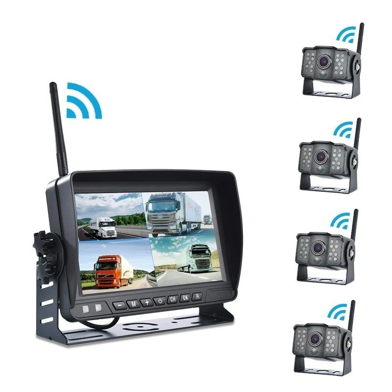 AHD 4-kanals electronic DVR-optager monitor med trådløst AHD-kamera forfra bagfra til lastbil, trailer, bus, campingvogn,...