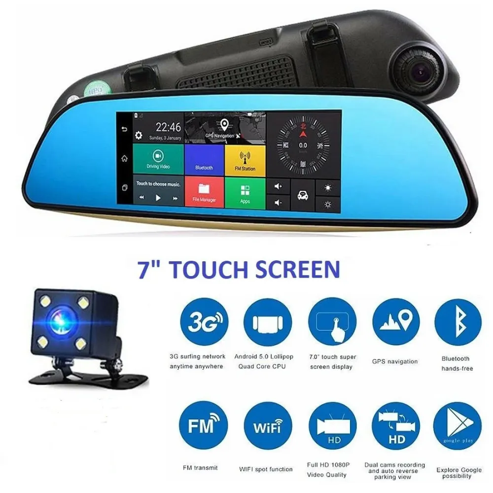 7 '' Android Dual-objektiv Bil bagfra Spejlekamera DVR GPS Dash Cam WIFI