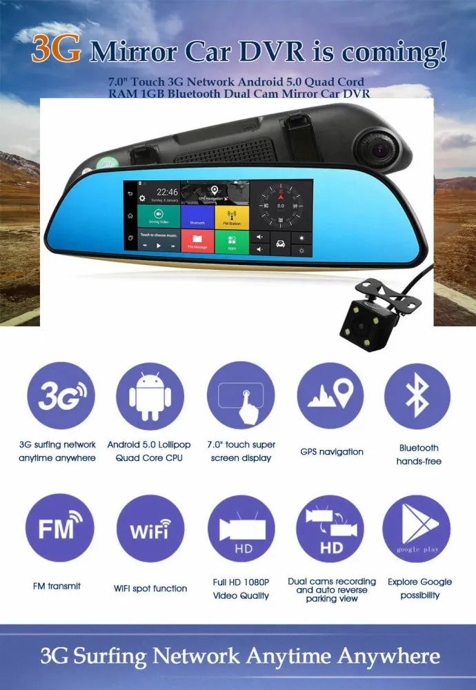 7 '' Android Dual-objektiv Bil bagfra Spejlekamera DVR GPS Dash Cam WIFI