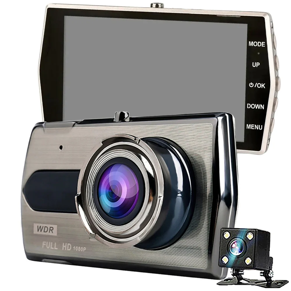 Full HD Bilkamera med 4" LCD-skærm og 2 kamera (Foran og bakkamera)