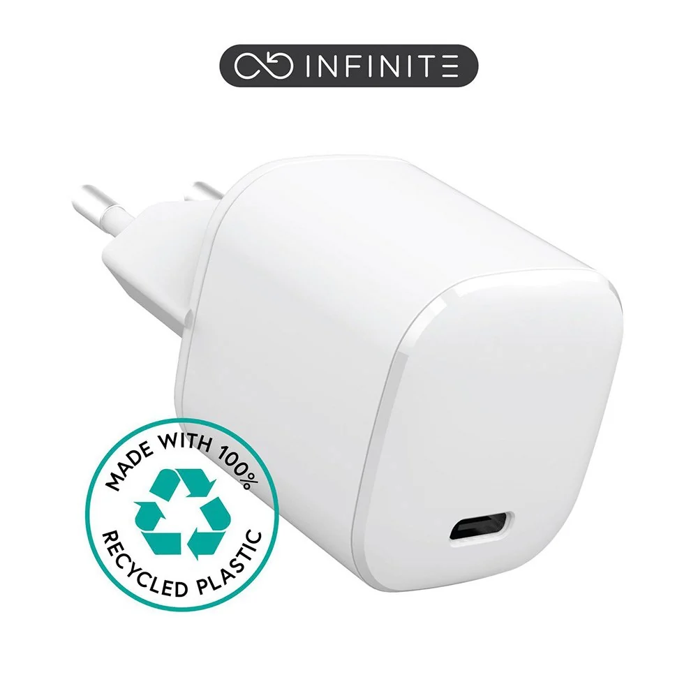 eSTUFF INFINITE 20W Vægoplader m. PD USB-C-PORT - 100% Genbrugsplastik - Hvid