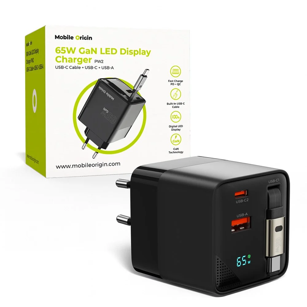 Mobile Origin Display Vægoplader m. 1 x USB- / 1 x USB-C / 1 x Udtrækkelig USB-C-PORT Kabel - 65W - Sort
