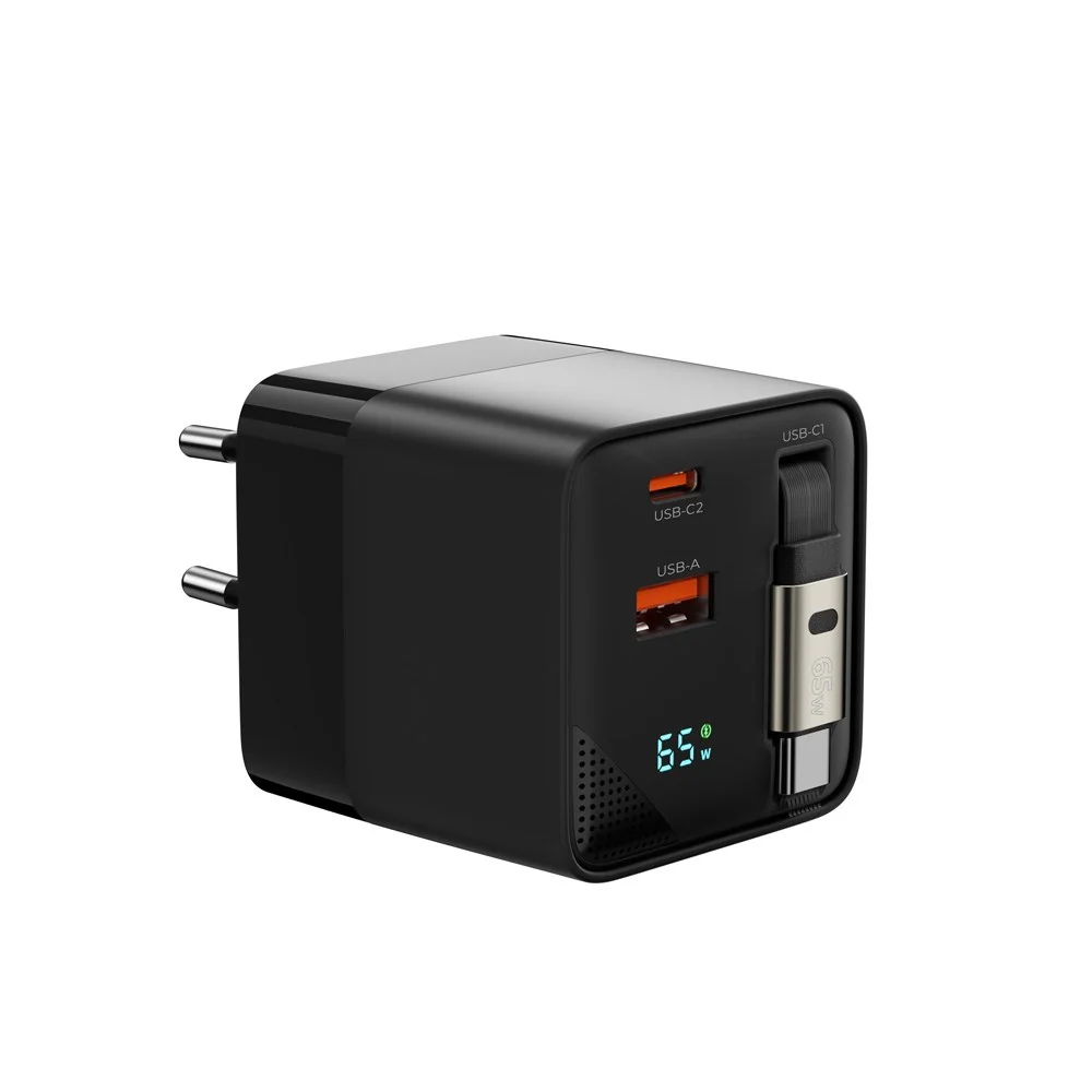 Mobile Origin Display Vægoplader m. 1 x USB- / 1 x USB-C / 1 x Udtrækkelig USB-C-PORT Kabel - 65W - Sort