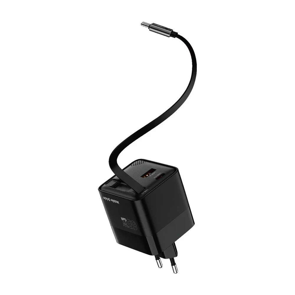 Mobile Origin Display Vægoplader m. 1 x USB- / 1 x USB-C / 1 x Udtrækkelig USB-C-PORT Kabel - 65W - Sort